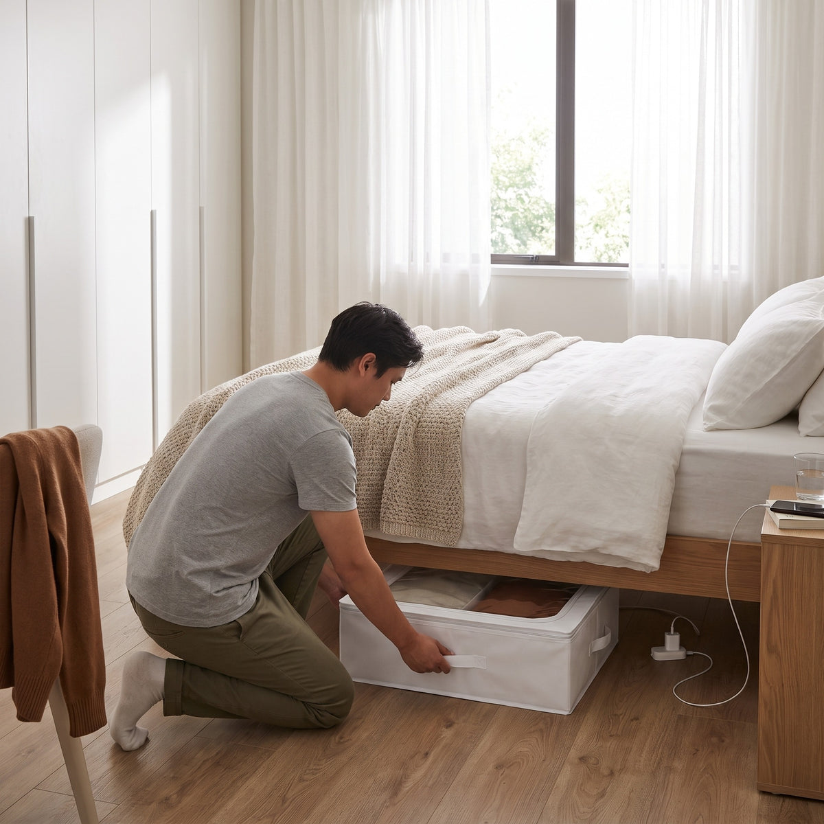A Space Creation under-bed set open beside a bed